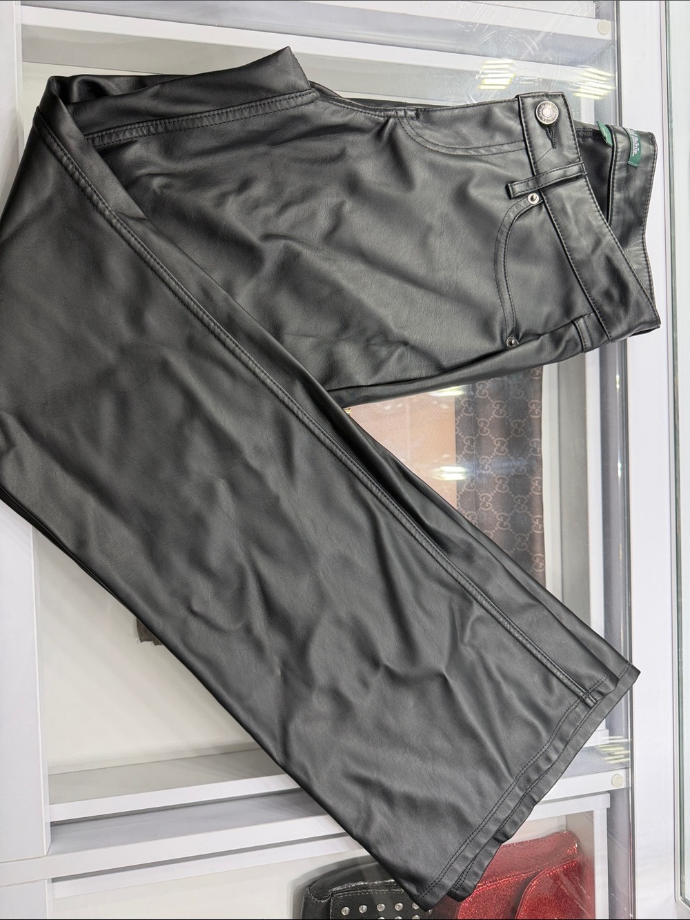 Black Faux Leather Low-Rise Flared Pants